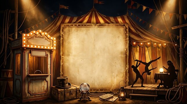 Vintage circus background with blank poster, antique carnival tent with ticket booth, retro fairground scene for event invitation