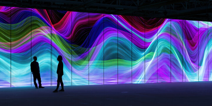 immersive digital aurora projection mapping installation envelops silhouetted visitors within flowing crimson cyan light waves across dark gallery walls for advertising web design
