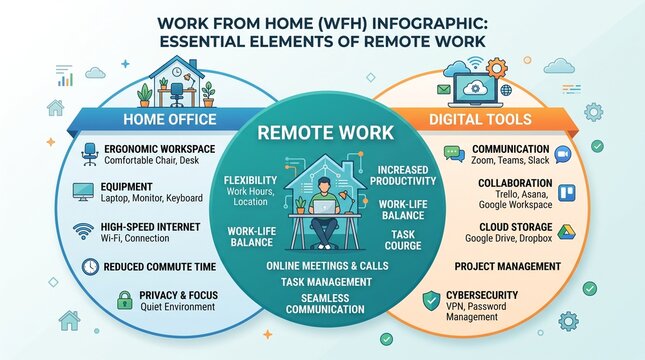 Remote work infographic, essential elements of work from home lifestyle, digital tools and home office setup diagram for business