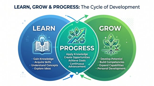 Development cycle infographic with learn grow and progress stages, business growth diagram, personal success concept
