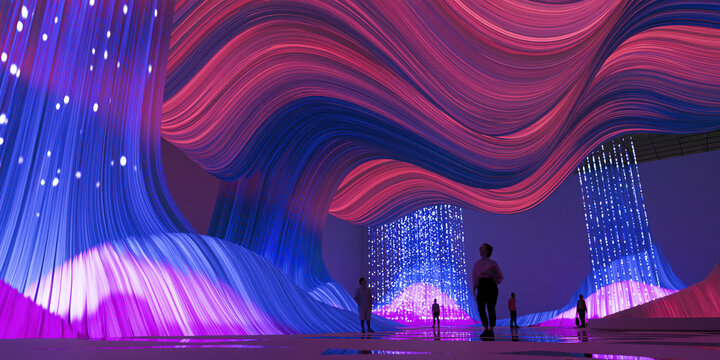 immersive digital aurora projection mapping installation envelops silhouetted visitors within flowing crimson cyan light waves across dark gallery walls for advertising web design
