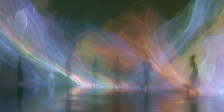 ethereal multicolored smoke plumes swirling in dark studio space creating dreamy abstract atmosphere perfect for wellness branding web design advertising and artistic backgrounds
