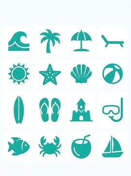 Collection of teal summer beach icons and tropical vacation symbols with vacation tropical umbrella starfish surfboard slippers sunshine seashell beachball sandcastle beverage collection