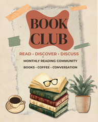 Book Club Reading Poster with Books Coffee and Reading Glasses