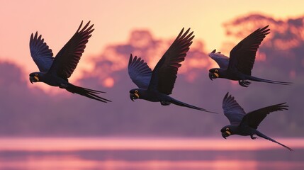 Obraz premium A flock of Hyacinth Macaws soaring gracefully in the soft hues of a sunset sky, a breathtaking avian spectacle.