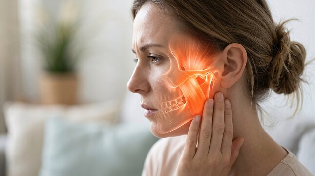 Glowing red 3D anatomical visualization illustrating mandible, temporomandibular joint, and masseter muscle inflammation on a woman holding her cheek.