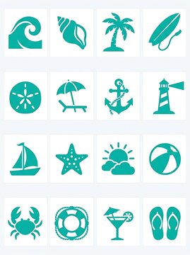 Teal beach and seaside holiday icons set with tropical symbols seashell surfboard sanddollar lighthouse starfish cocktail slippers umbrella nautical beachball crustacean lifesaver