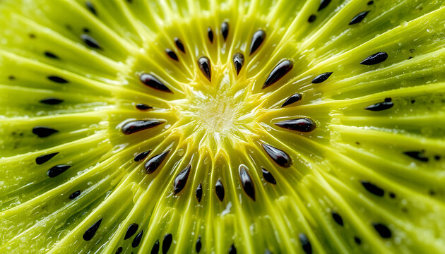 Close-up macro shot of vibrant green kiwi fruit flesh with black seeds and radial texture pattern