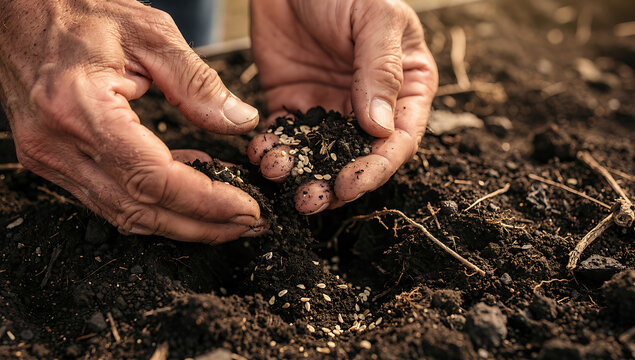 Farmer's hands planting seeds into rich soil for crop growth