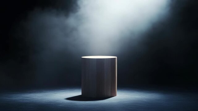 Dramatic scene with spotlight illuminating small wooden block on dark floor