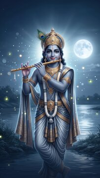 Lord Krishna Playing Flute by Moonlit River &ndash; Serene Devotional Scene
