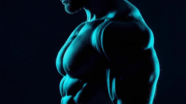 A fit male showing his muscular physique against a dark background