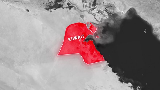 Animated map outline of kuwait glowing red with satellite footage motion