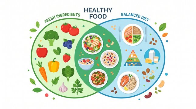 Healthy food Venn diagram with fresh ingredients and balanced diet icons. Nutrition infographic for wellness and weight loss education.