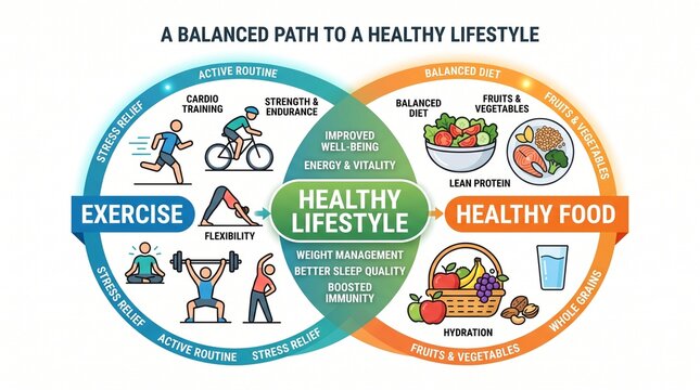 Healthy lifestyle infographic, balanced diet and exercise diagram, wellness concept with nutrition and fitness icons
