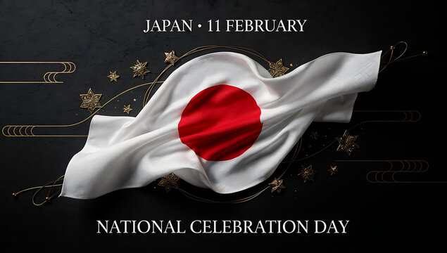 Japan National Foundation Day celebration graphic with rising sun flag and festive date overlay