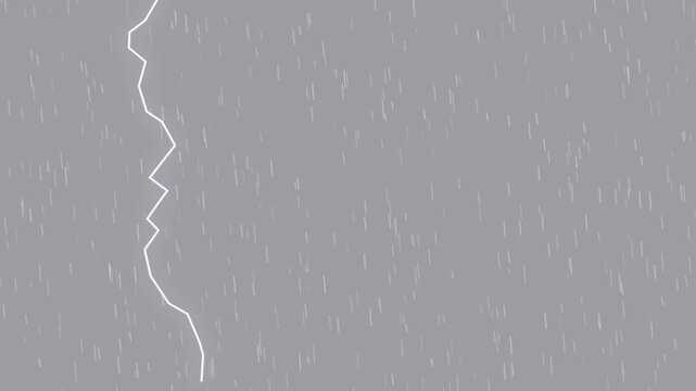 Vector animated heavy rainfall with flashing lightning bolt against dark gray storm sky motion graphic loop