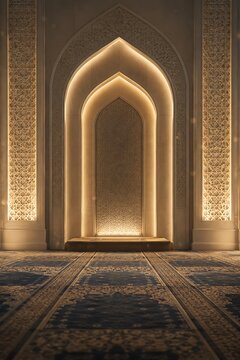 An illuminated mihrab with intricate geometric patterns and a patterned carpet in a mosque.