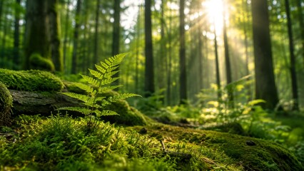 Fototapeta premium Small Fern Growing on Mossy Forest Floor with Sunlight
