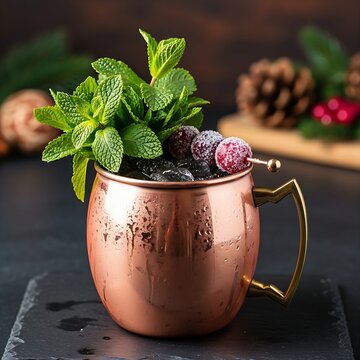 Cranberry Ginger Beer Moscow Mule, served in a classic copper mug, garnished with a generous bouquet of fresh mint and a skewered sugared cranberry, on a dark slate surface. The background features bl