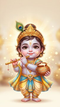 Baby Krishna as Makhan Chor with Butter Pot &ndash; Cute Devotional Art