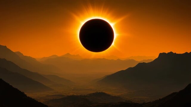 Striking of a total solar eclipse casting its shadow over a mountainous landscape at sunset.