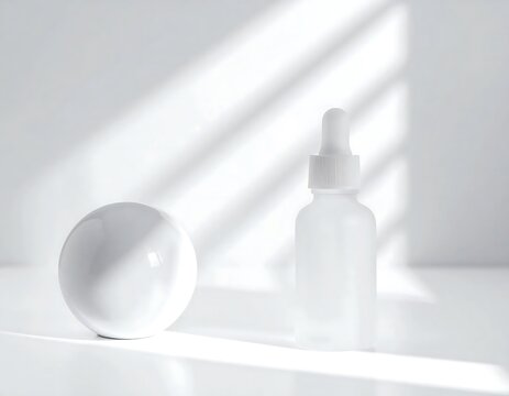Minimalist white cosmetic serum bottle with dropper and geometric sphere under bright natural sunlight shadows for skincare mockup