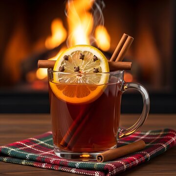 Fireside Toddy Punch, garnished with a thick lemon wheel pinned with whole cloves and a long cinnamon stick, in a clear glass mug on a plaid holiday napkin. The background features a softly blurred cr