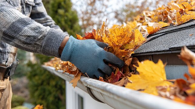 Diligent worker wearing protective gloves removes dry orange autumn leaves from a residential metal gutter during a sunny fall day