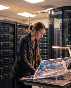 Woman engineer monitors advanced data processes on a transparent digital workstation display in a secure server room facility, creating a modern visual for technical computing infrastructure.