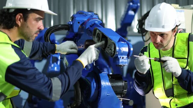 Two robotics engineering technicians inspect spare parts repair and maintain robotic arms perform electric welding in the workshop and troubleshoot and restore the robots normal working condition.
