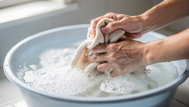 Close-up of hands washing fabric in basin for laundry or cleaning