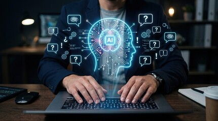 Fototapeta premium User typing on a laptop with a glowing artificial intelligence brain hologram.