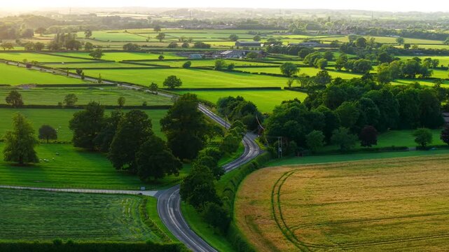Country lane car traffic through rural farmland at sunset. Aerial drone tracking vehicles along winding countryside road. Evening commute crossing green fields and agricultural landscape