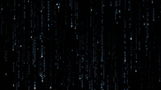 Alphanumeric characters cascading downward against a dark digital background in blue glowing columns