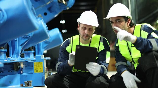 Team male robotics engineers inspects the import electric welding robots in front factory that assembles robot arms and installs electronic equipment for export  industrial businesses.