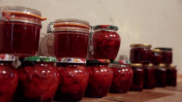 Rows of glass jars filled with red homemade preserves and fruit compote arranged on a rustic wooden shelf, with shallow depth of field and warm indoor lighting