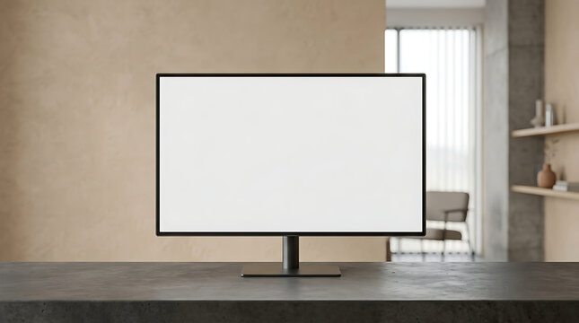Modern computer monitor with blank white screen mockup on dark stone desk in bright interior office room