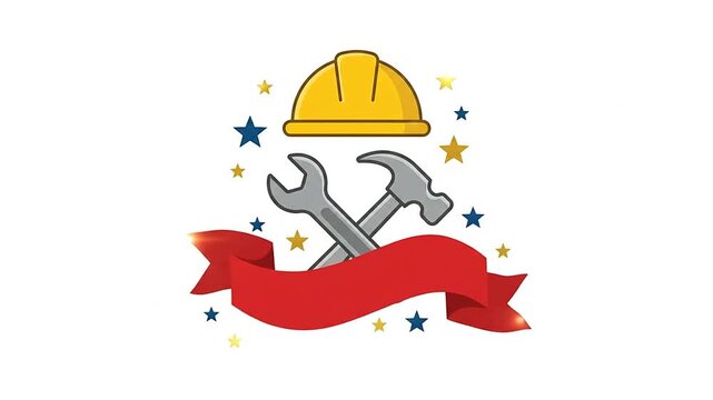 Construction Hard Hat and Crossed Tools with Red Ribbon Animation