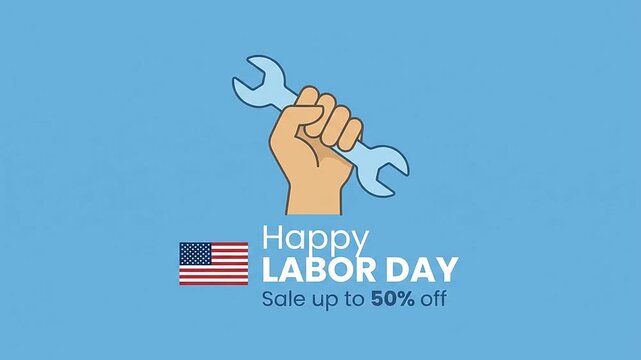 Happy Labor Day Animation with Hand Holding Wrench and National Flag