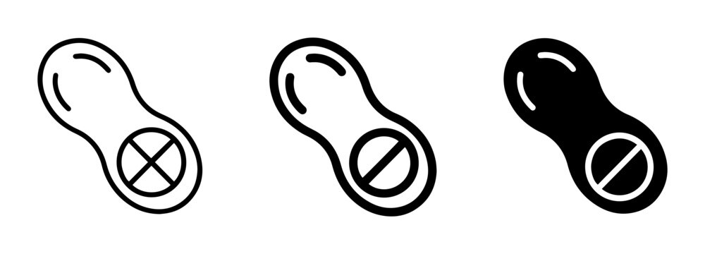 Peanut icons with cross and slash, food and allergy outline solid styles, UI and web interface.