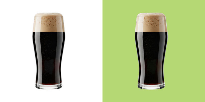 A tall glass of dark beer with thick foam in a studio shot transparent png