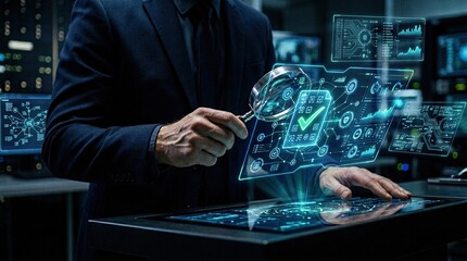 Fototapeta premium Businessman analyzing data security on a futuristic digital screen.