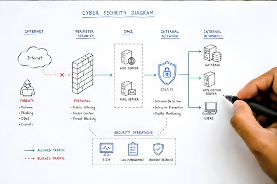 Realistic Hand Drawn Cyber Security Architecture Diagram with Firewall, IDS IPS, DMZ, Threat Detection, Network Protection, SIEM, Incident Response and Secure Enterprise Infrastructure Concept Design