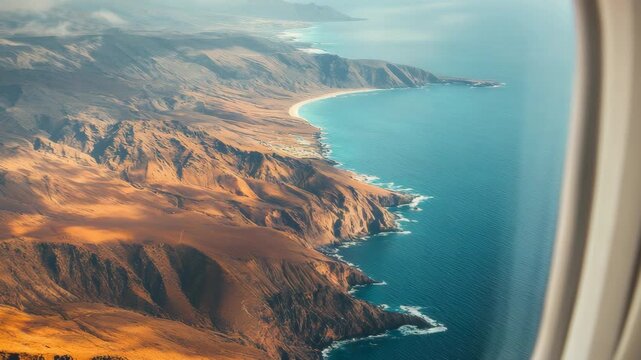 The captures an aerial perspective of a rugged coastline where the vibrant green hues of the desert abruptly meet the deep blue-green ocean.