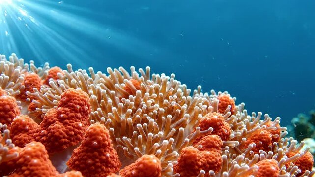 Close-Up Abstract Marine Nature with Vibrant Orange Fire Coral Polyps Catching Sunbeams