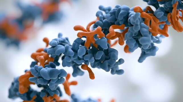 Close up of a complex molecular structure composed of blue and orange elements arranged in an intricate pattern