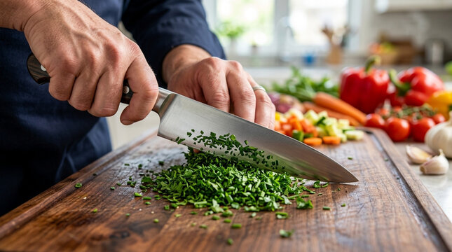 Hands chopping fresh herbs on wooden cutting board, healthy cooking concept.