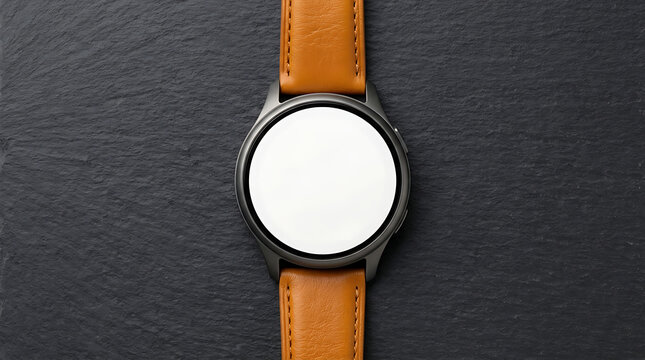 Modern smartwatch with empty white circular screen and stylish tan leather strap on dark stone texture background