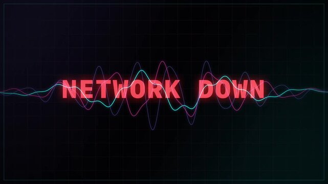 Network Down text with oscillating neon waveforms and glitch rectangles on a dark digital grid